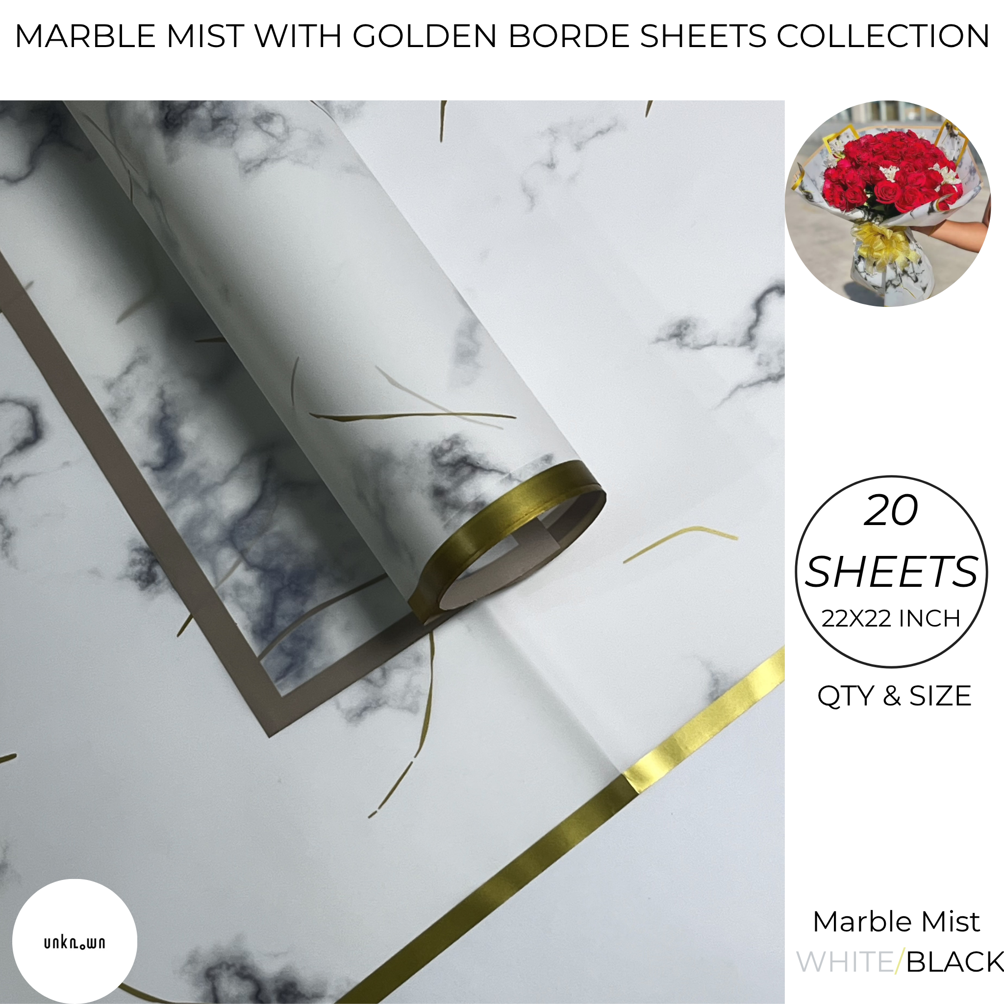 Marble Mist with Golden Border – Luxury Floral & Gift Wrap Paper (Pack of 20 Sheets)