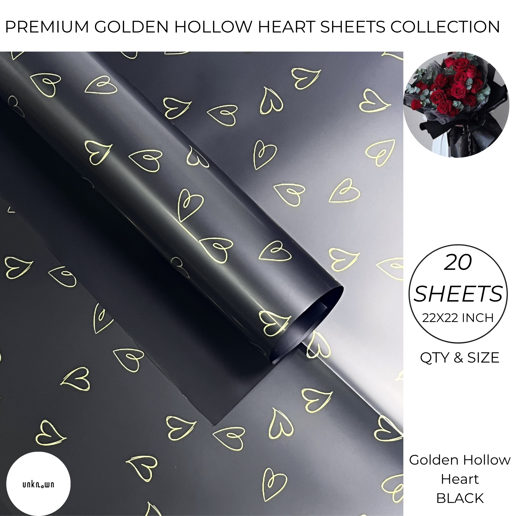 Premium Golden Hollow Heart Bouquet Wrapping Sheets – Luxury Floral & Gift Wrapping Paper (Pack of 20 Sheets)