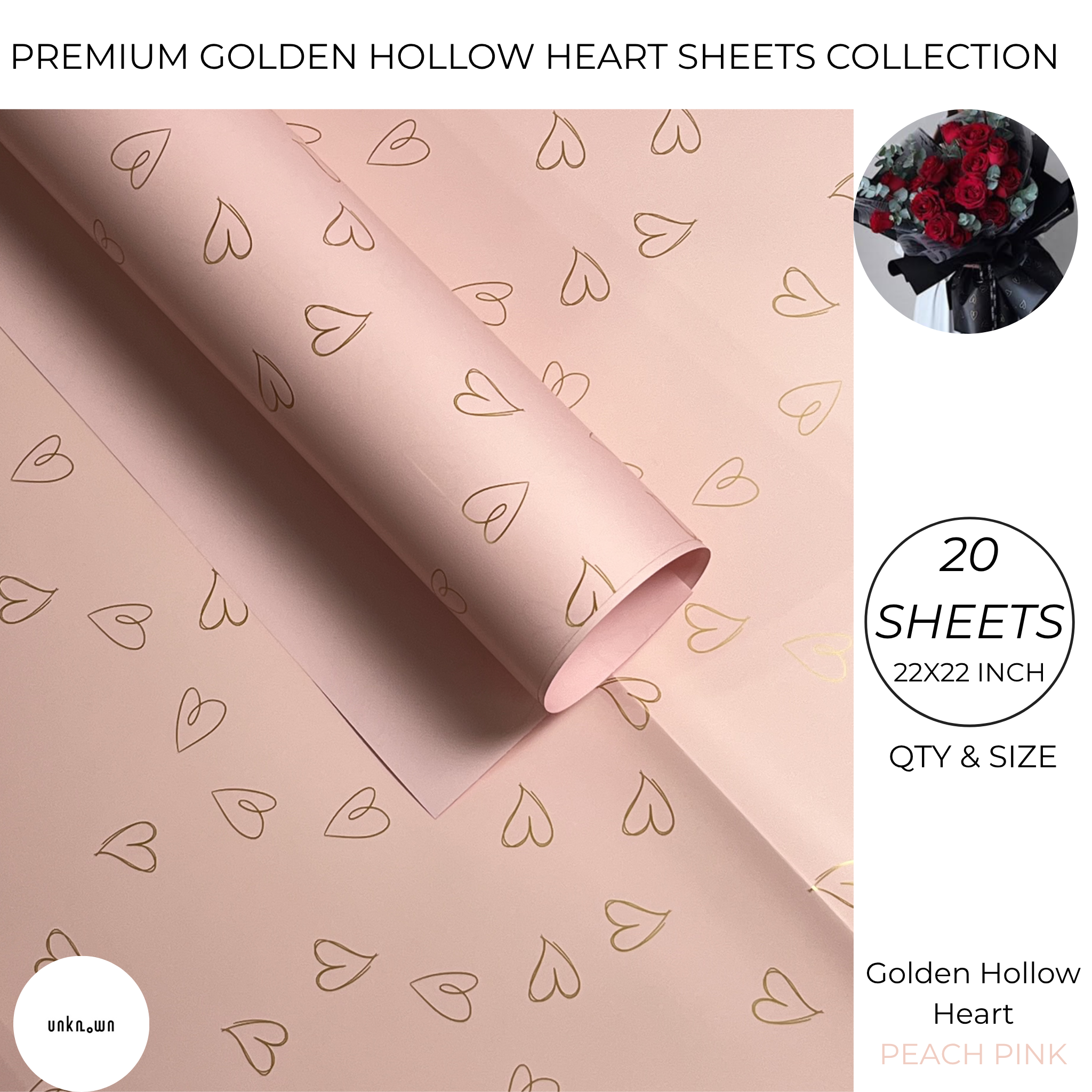 Premium Golden Hollow Heart Bouquet Wrapping Sheets – Luxury Floral & Gift Wrapping Paper (Pack of 20 Sheets)