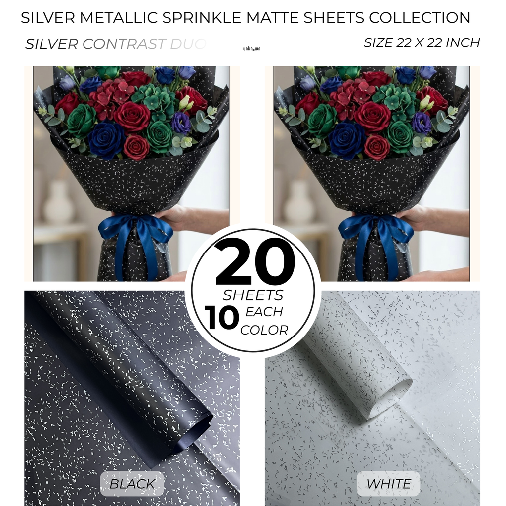 Premium Silver Metallic Sprinkle Matte Bouquet Wrapping Sheets – Luxury Floral, Gift & Money Bouquet Paper (20 Sheets Pack)