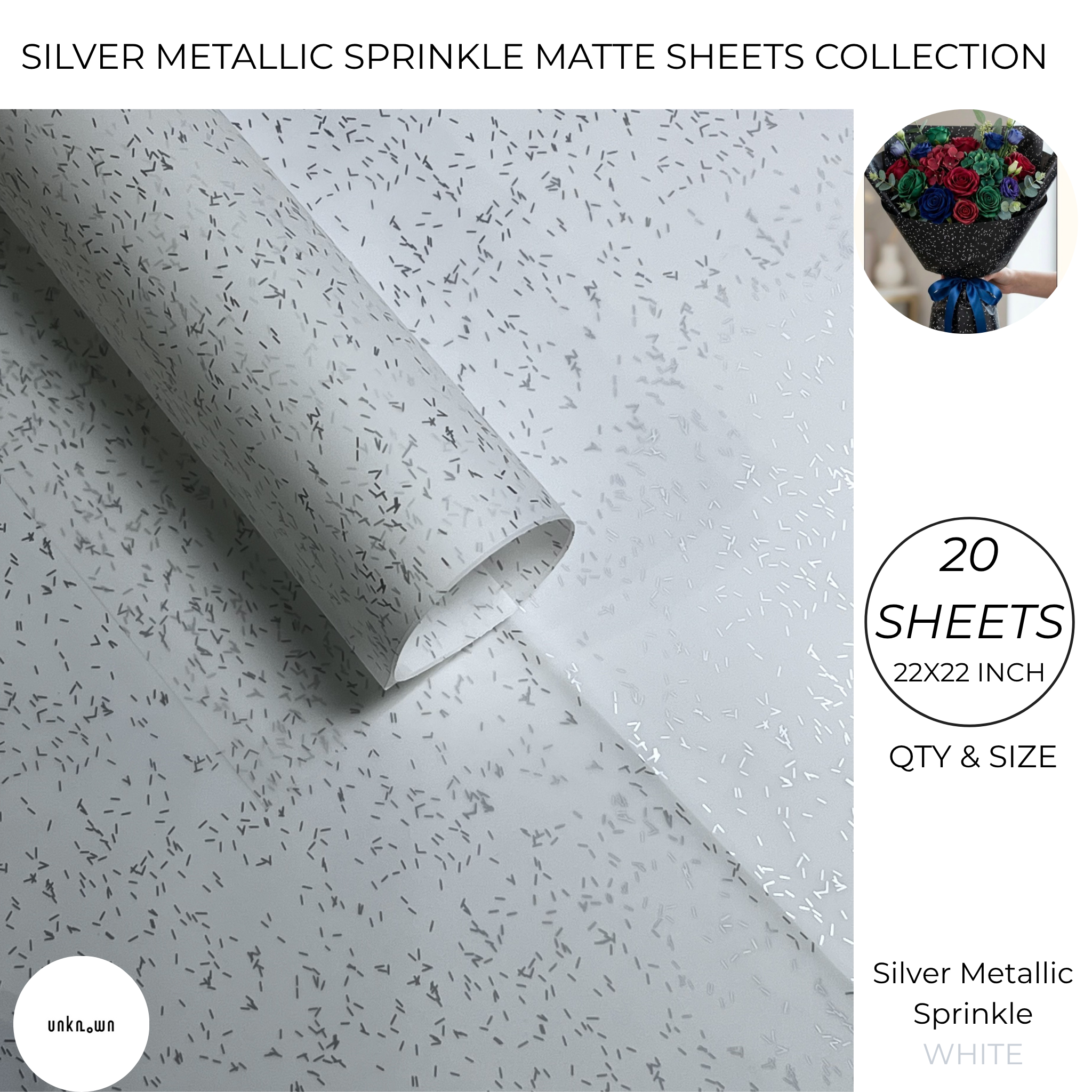 Premium Silver Metallic Sprinkle Matte Bouquet Wrapping Sheets – Luxury Floral, Gift & Money Bouquet Paper (20 Sheets Pack)