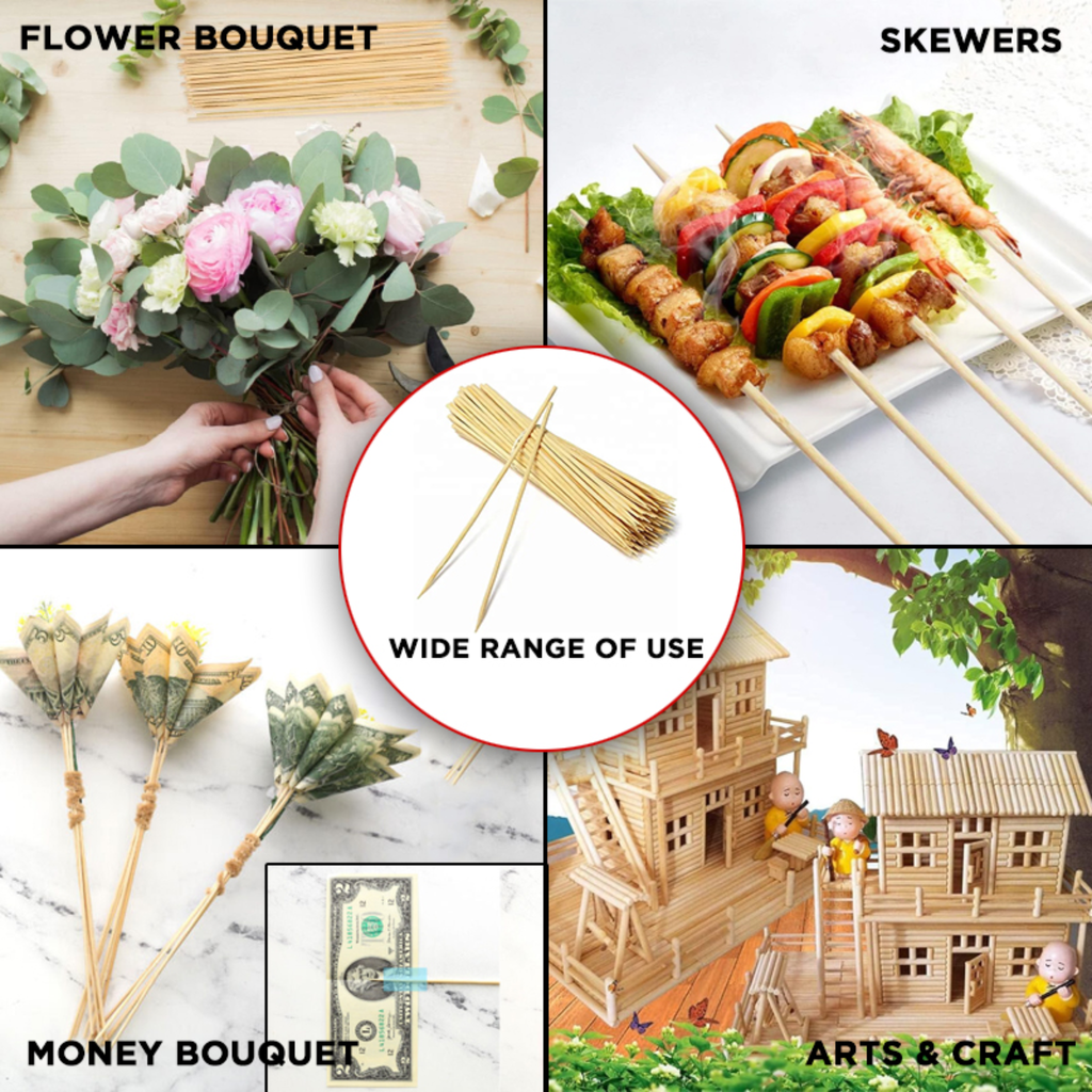 Wooden Bamboo Sticks for Flower Bouquets & Crafts (10, 12 & 14 Inch)